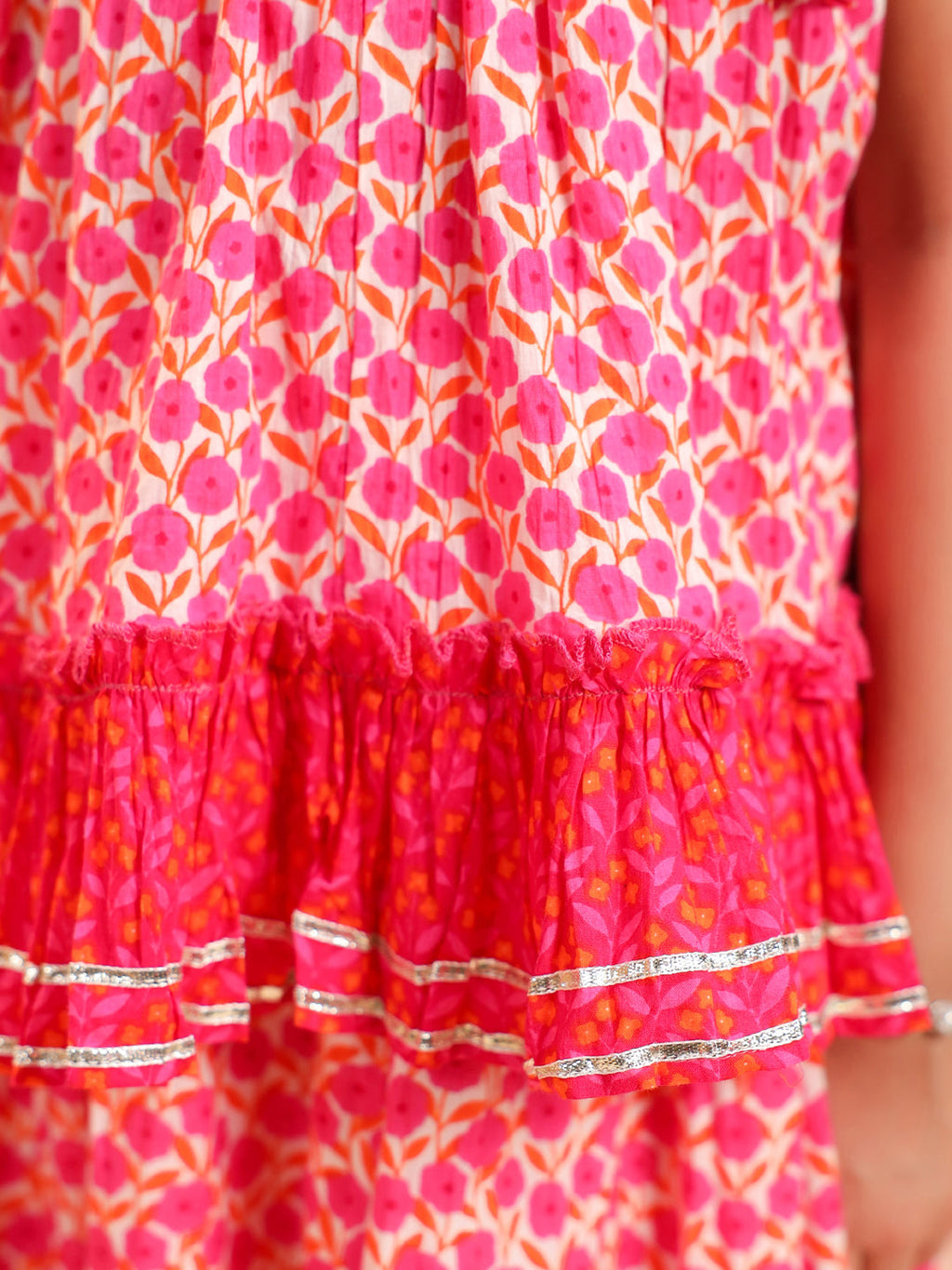Girls Floral Printed Gotta Patti Pure Cotton Top with Skirt & Dupatta