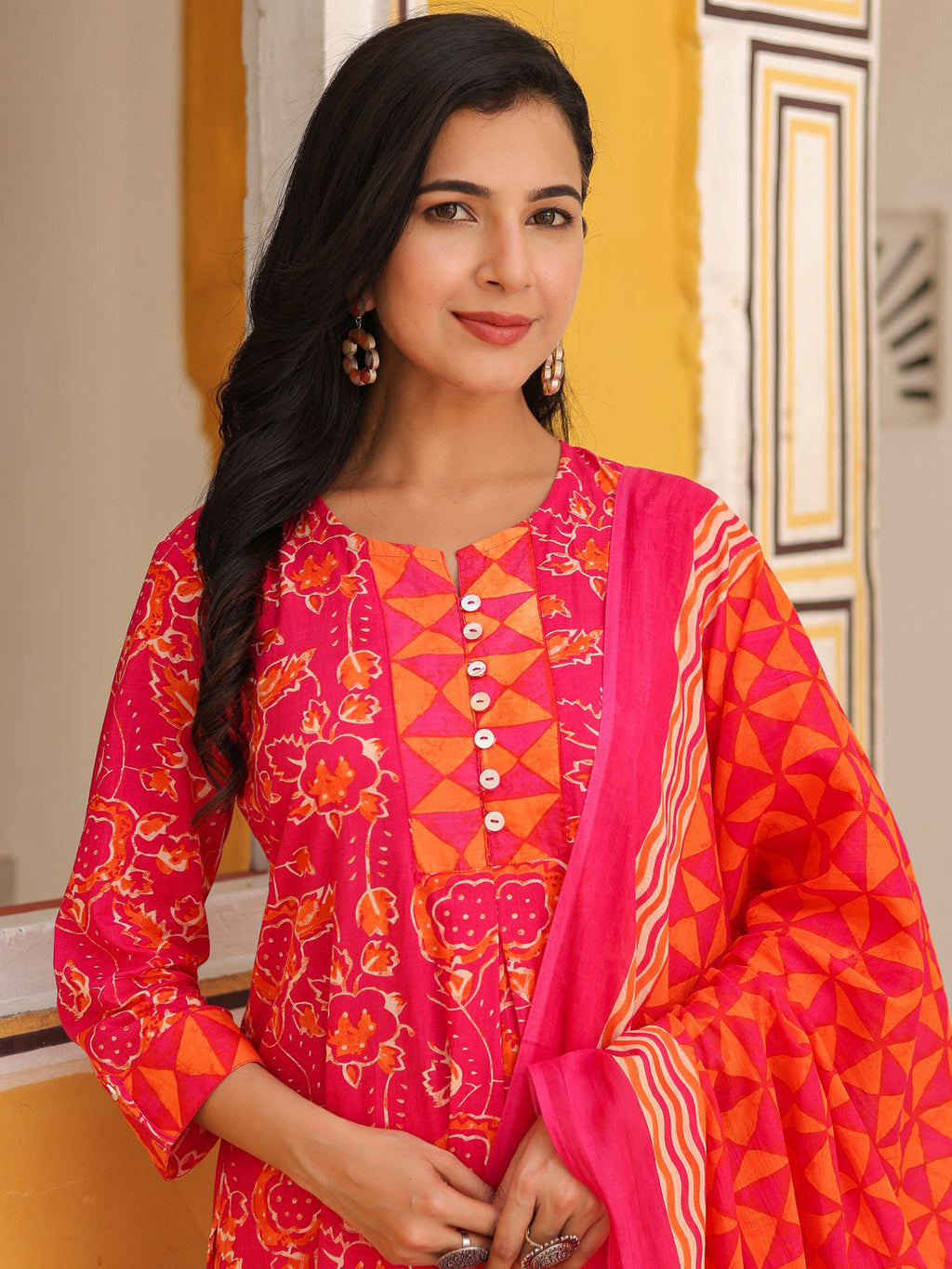 Women Floral Printed Cotton A-Line Kurta with Trousers & Dupatta