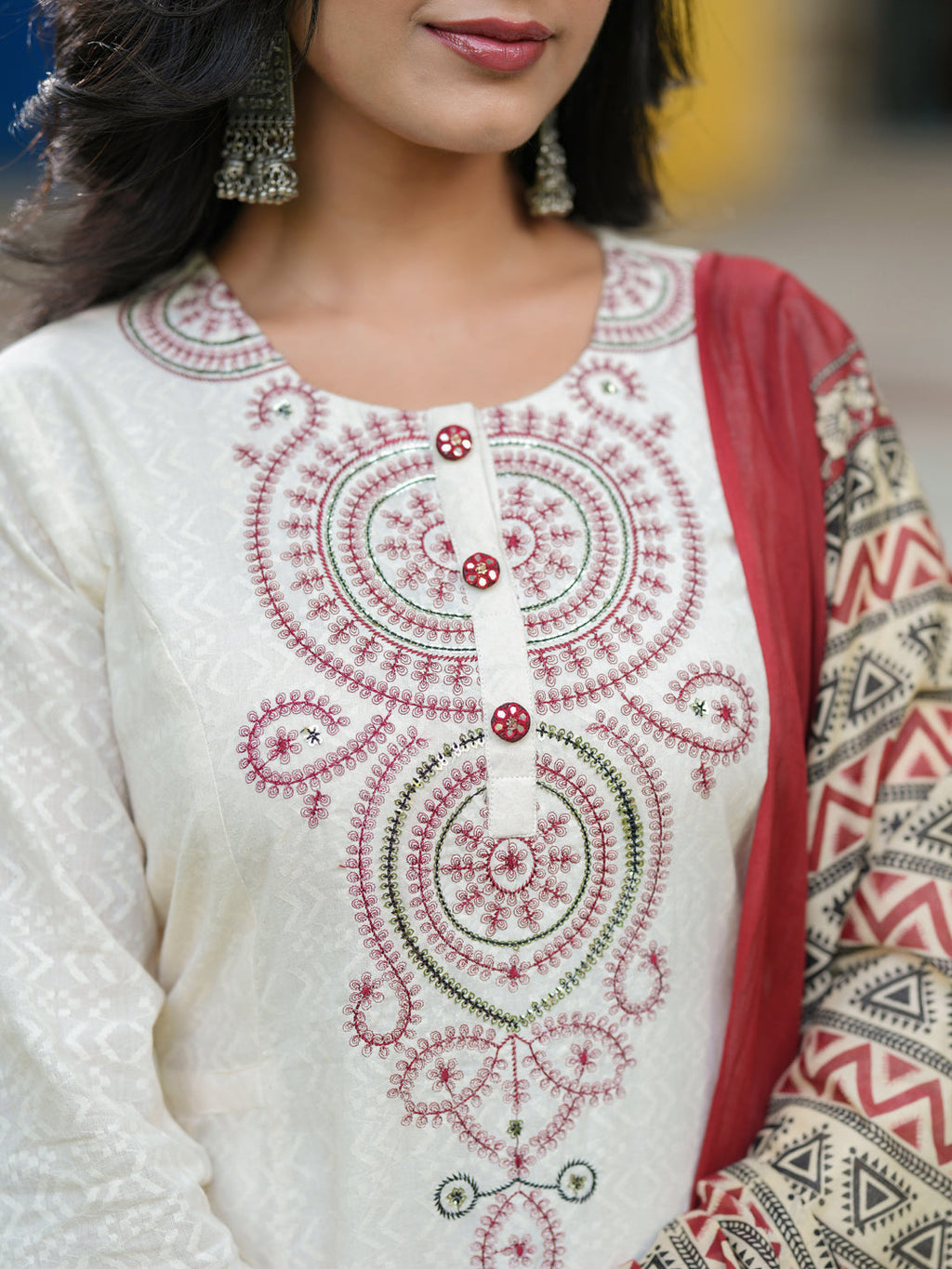 Women Embroidered Regular Sequinned Cotton Kurta with Trousers & Dupatta