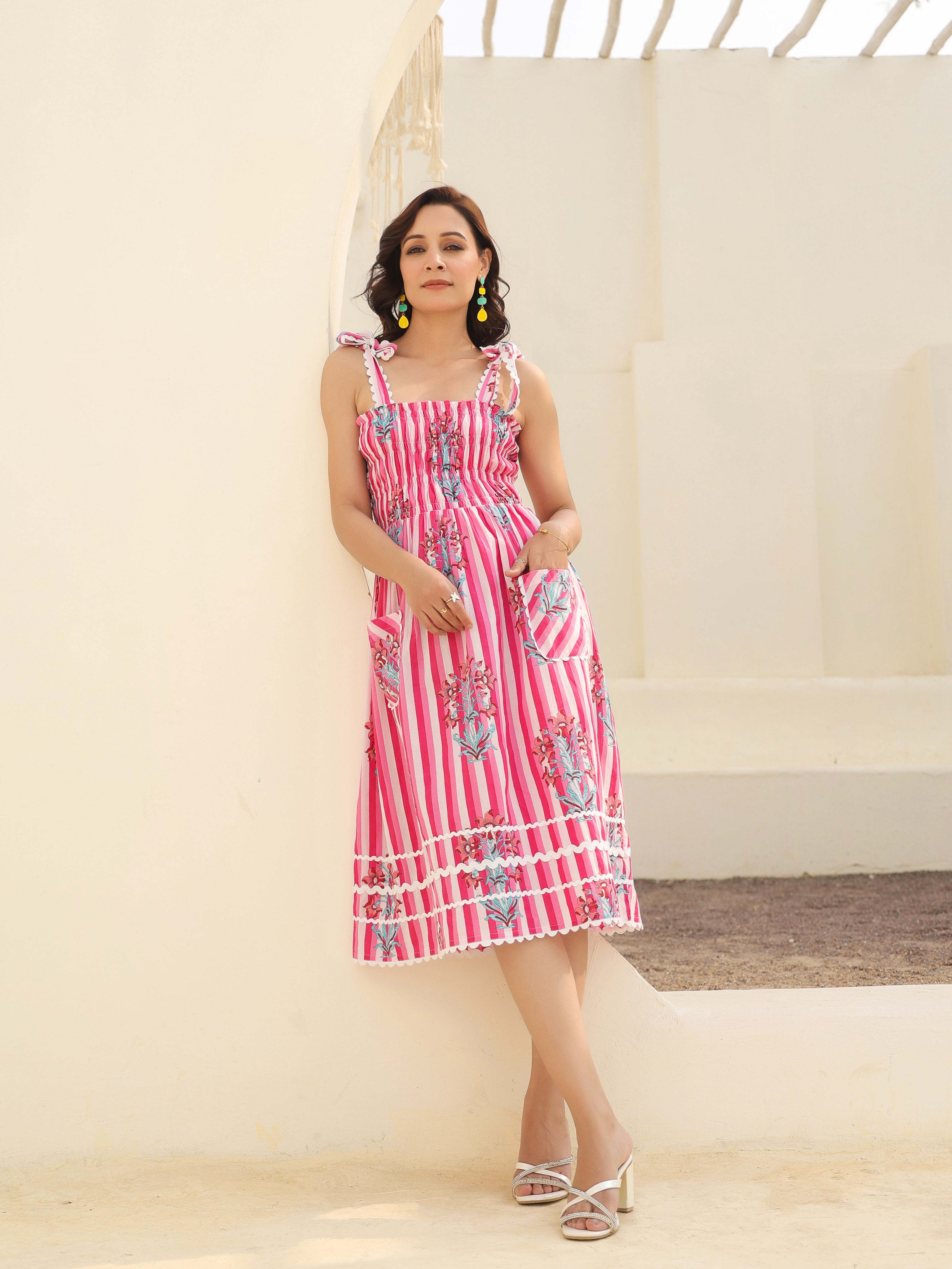 Floral Printed Pure Cotton A-Line Midi Dress