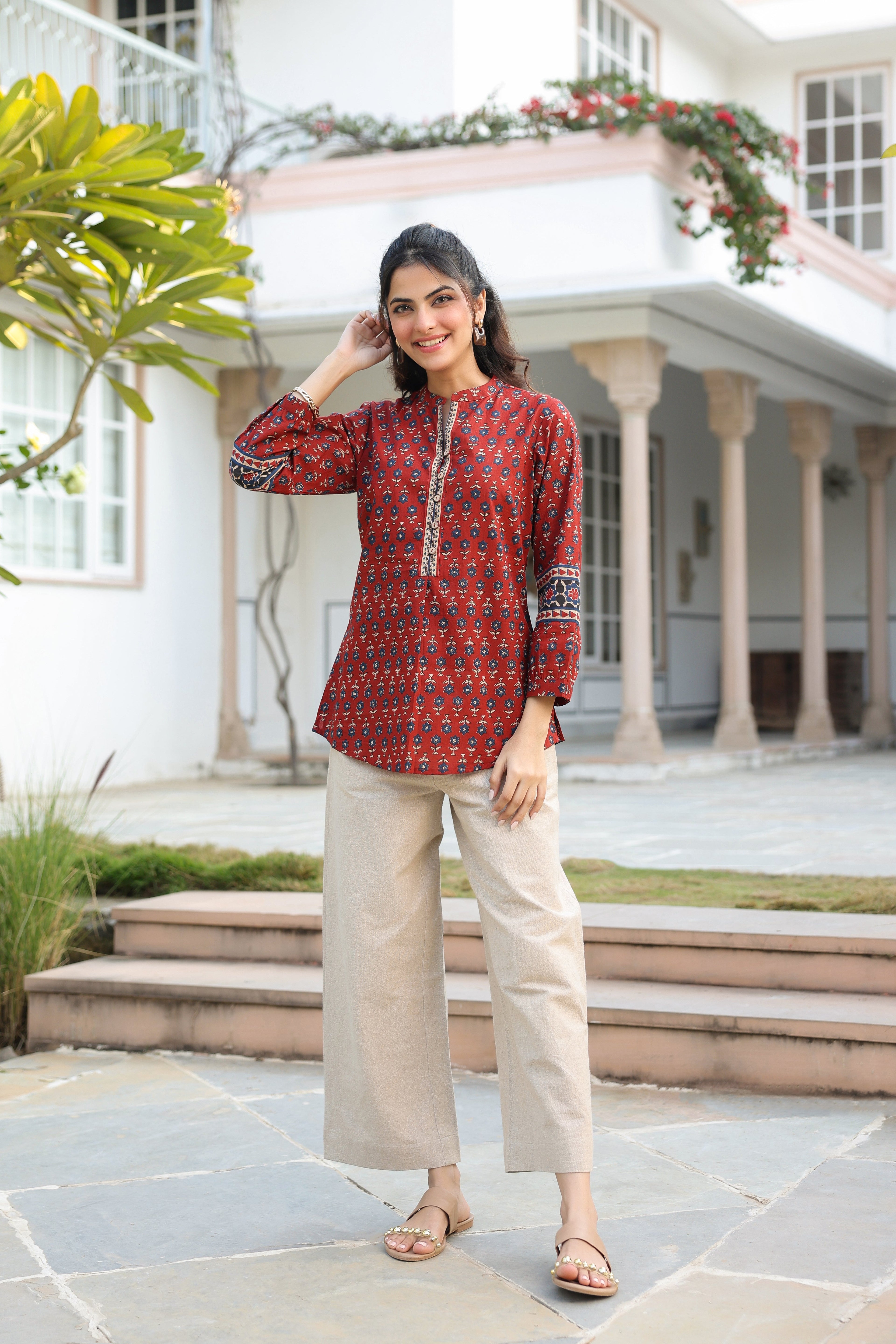 Print Mandarin Collar Cotton Top