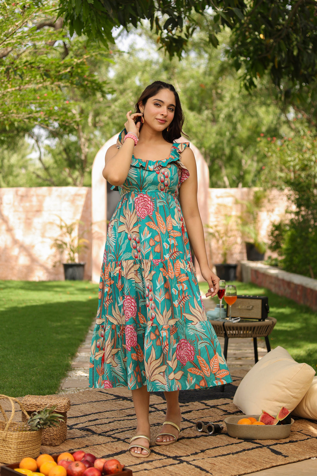 Tropical Printed Square Neck Pure Cotton Midi Dress