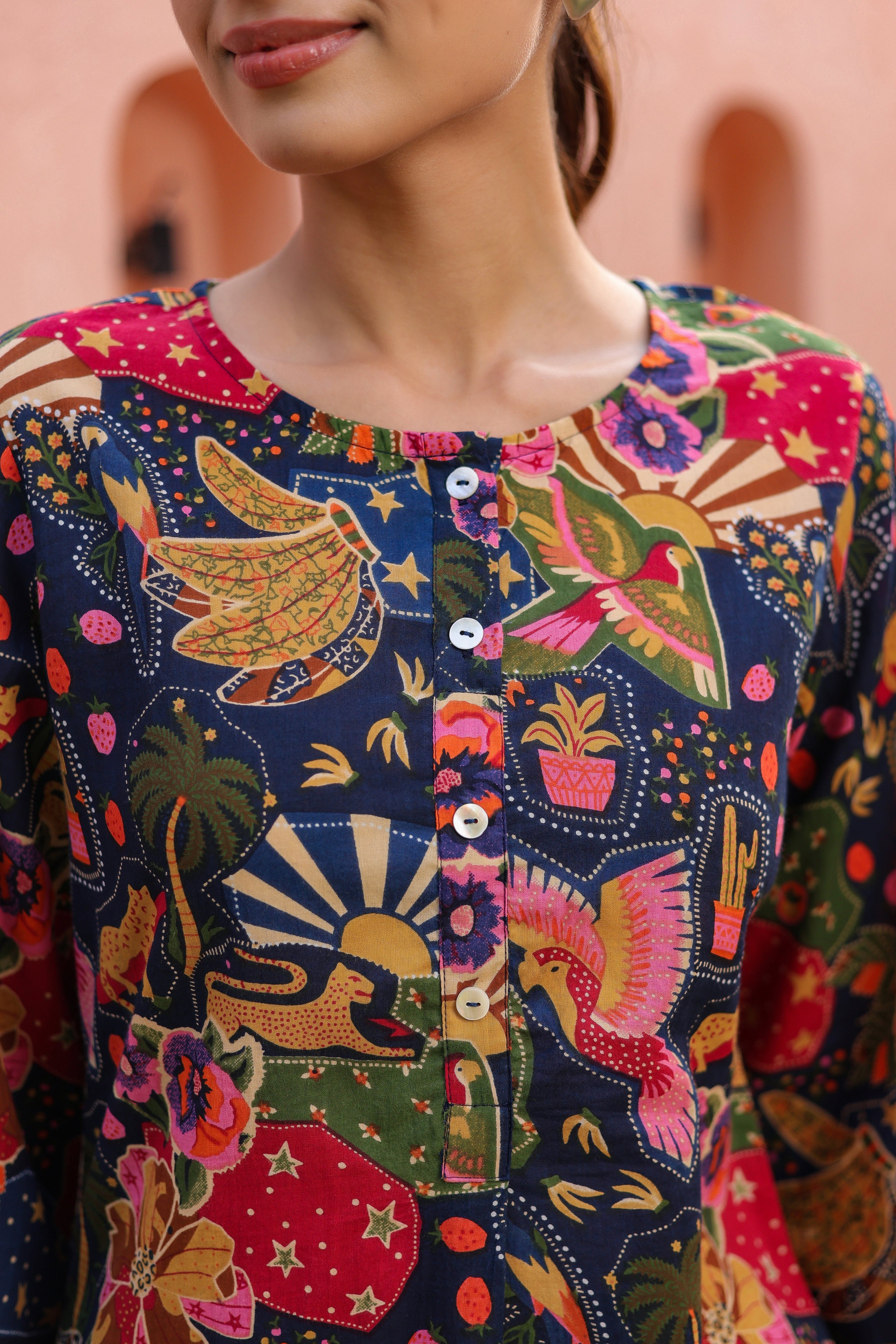 Printed Round Neck Pure Cotton Tunic With Trousers Co-Ords Set