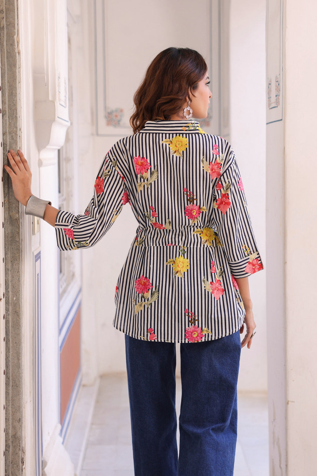 Women Vertical Striped Spread Collar Pure Cotton Casual Shirt