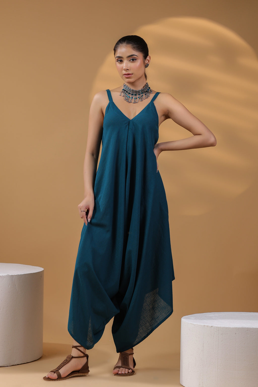 Women Shoulder Straps Cotton Basic Jumpsuit
