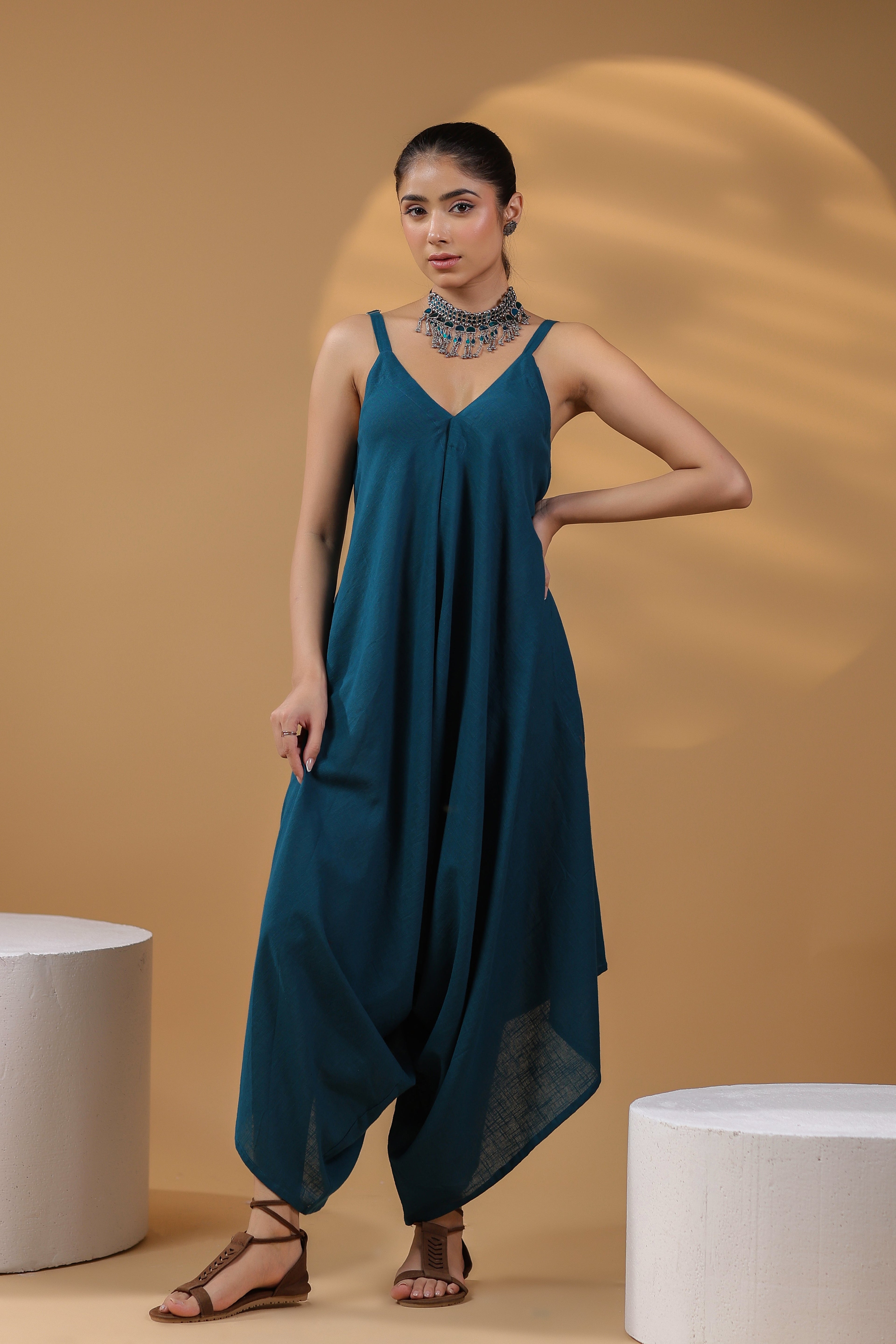 Women Shoulder Straps Cotton Basic Jumpsuit