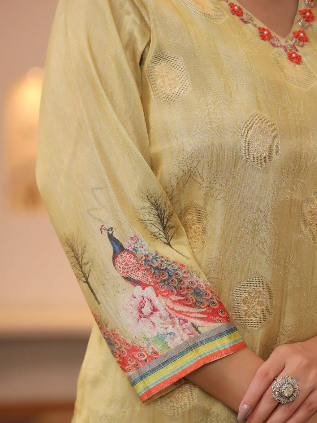 Peacock Printed Thread Work Chanderi Cotton Kurta With Trousers & Dupatta