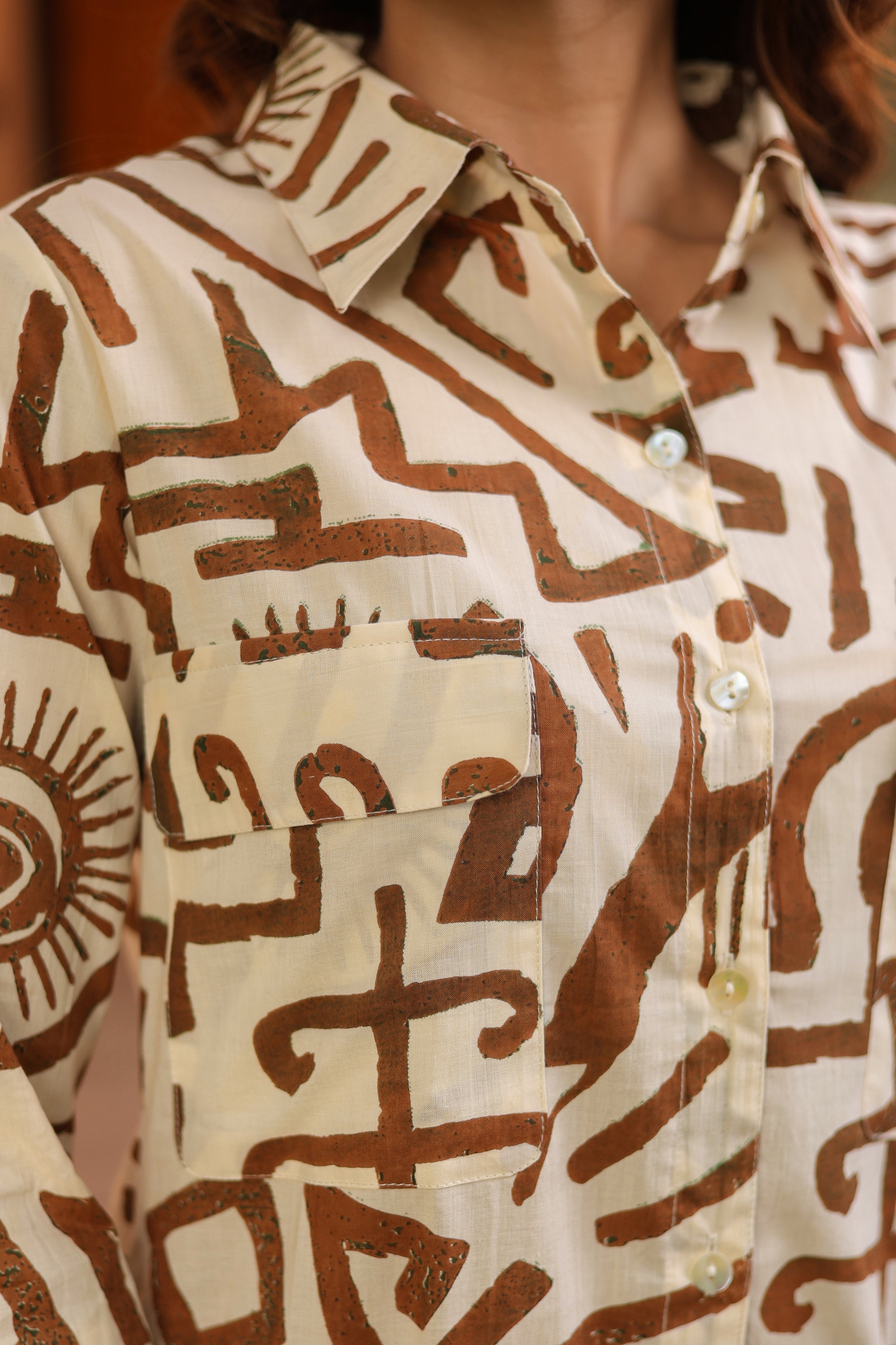 Women Abstract Printed Shirt Collar Cotton Top