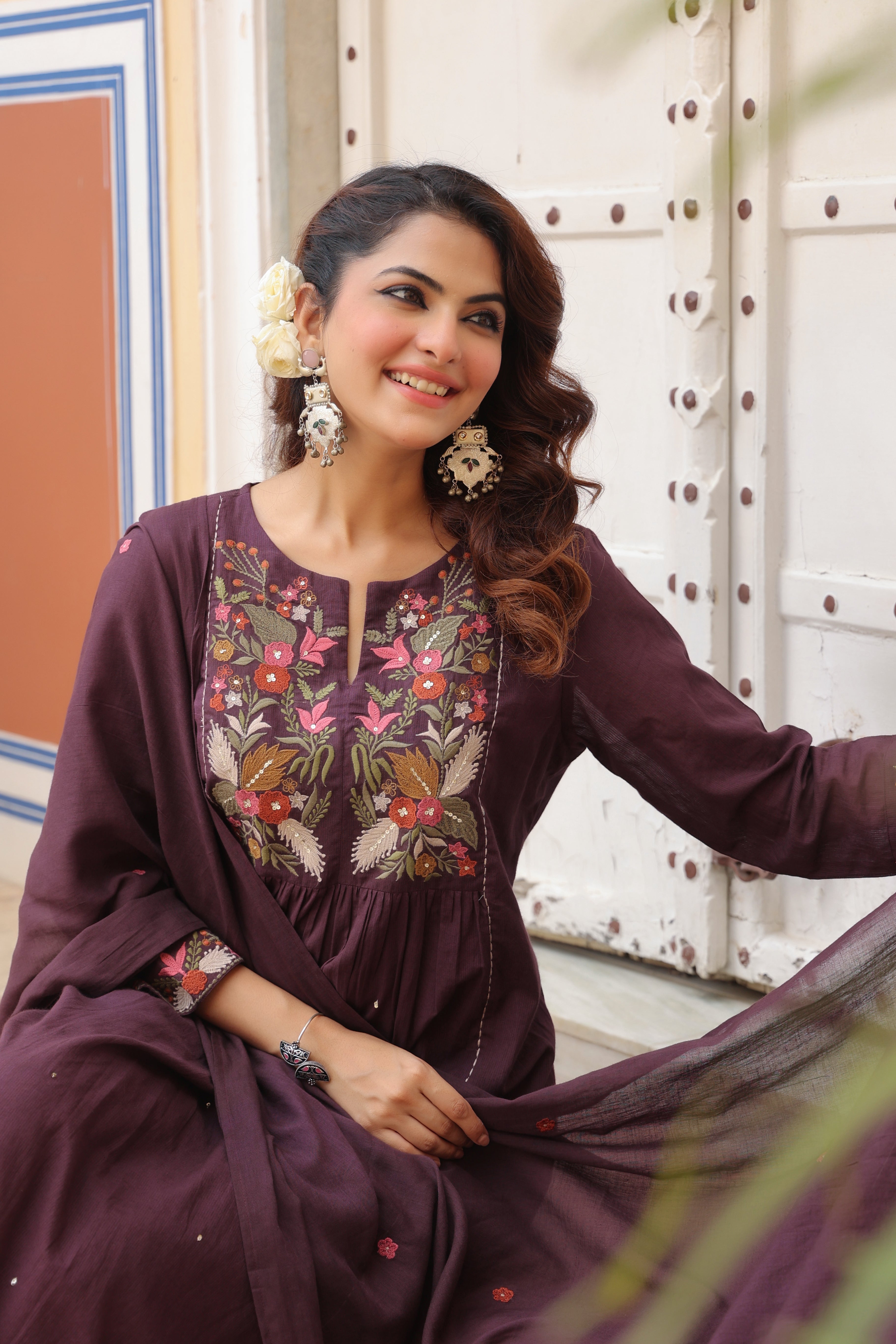 Women Floral Embroidered Regular Cotton Kurta, Trousers & Dupatta Kurta Set