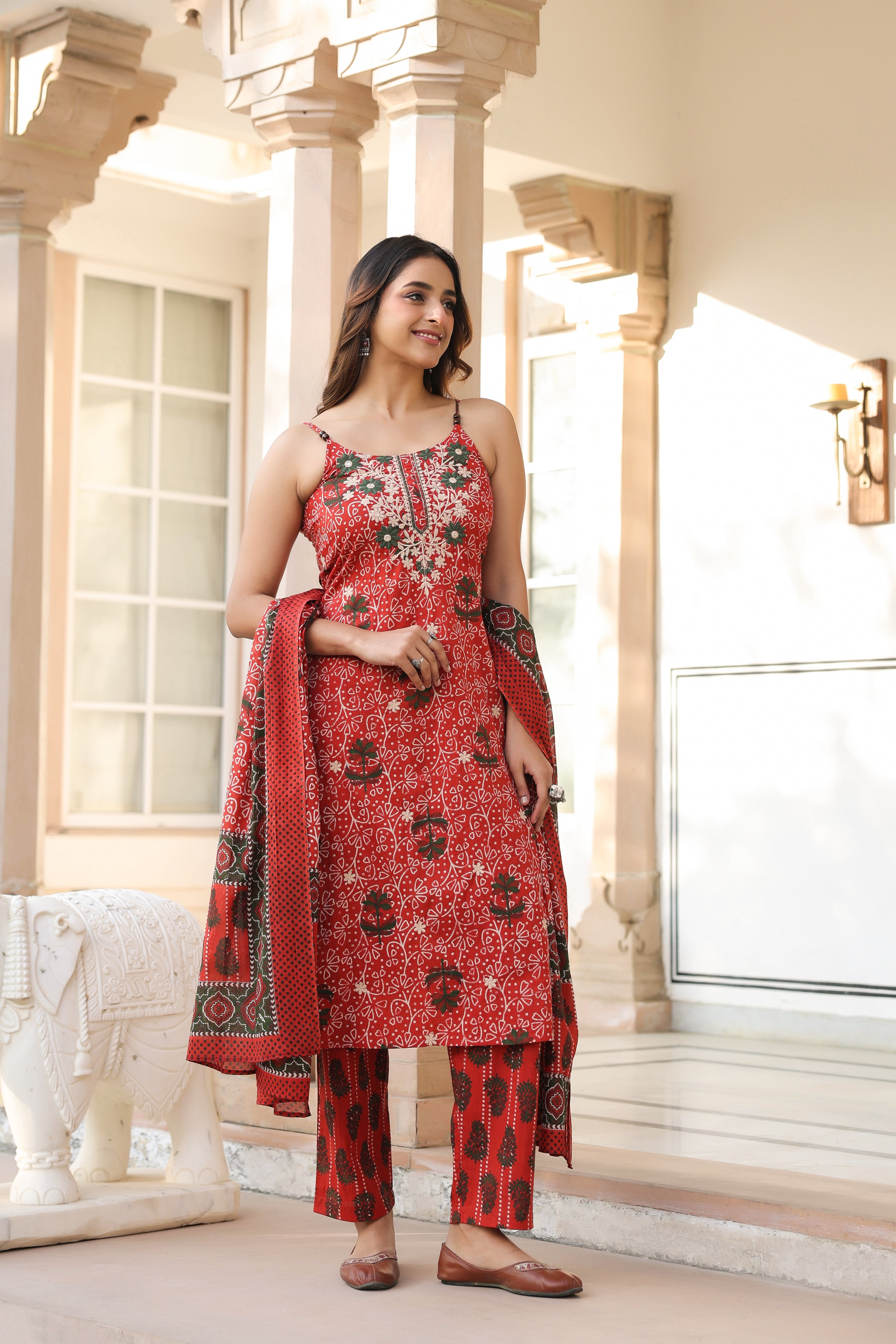 Women Ethnic Motifs Printed Regular Beads and Stones Pure Cotton Kurta with Trousers & With Dupatta