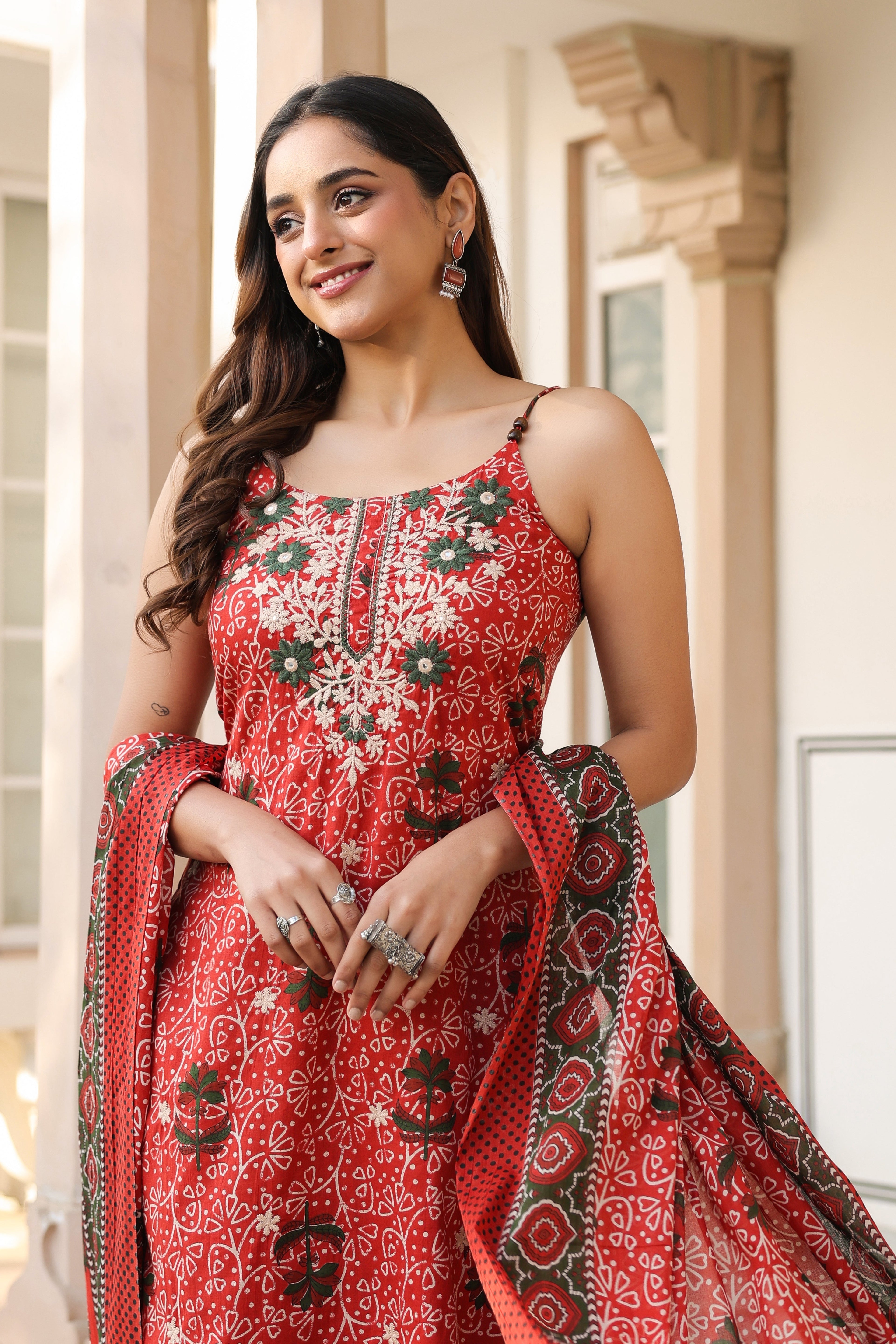 Women Ethnic Motifs Printed Regular Beads and Stones Pure Cotton Kurta with Trousers & With Dupatta