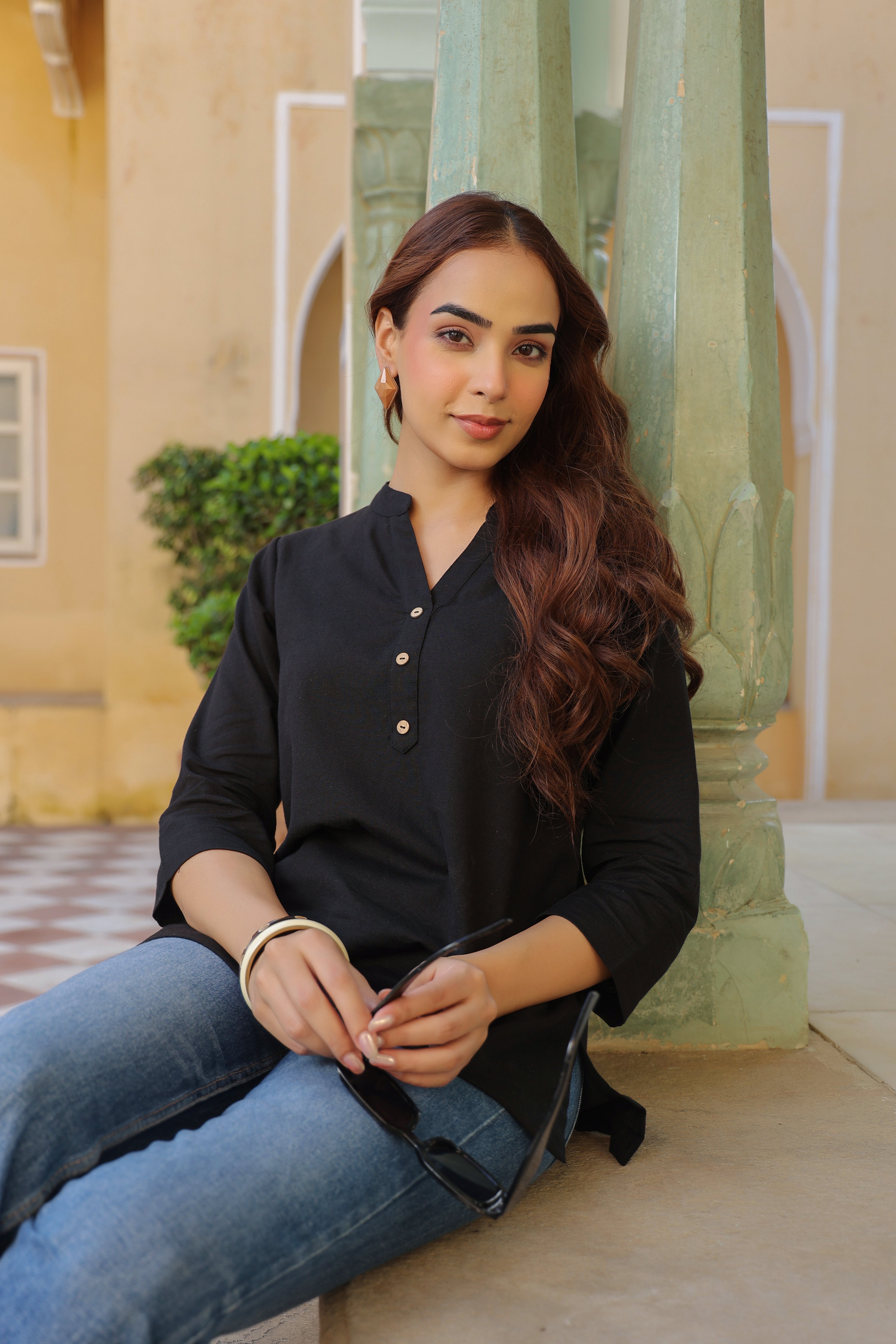 Women Mandarin Collar Cotton Top