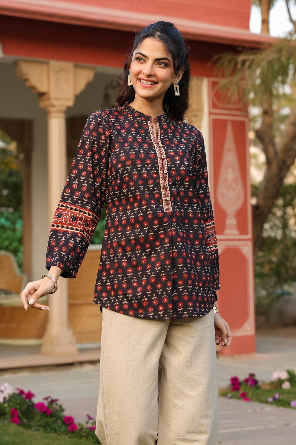 Print Mandarin Collar Cotton Top