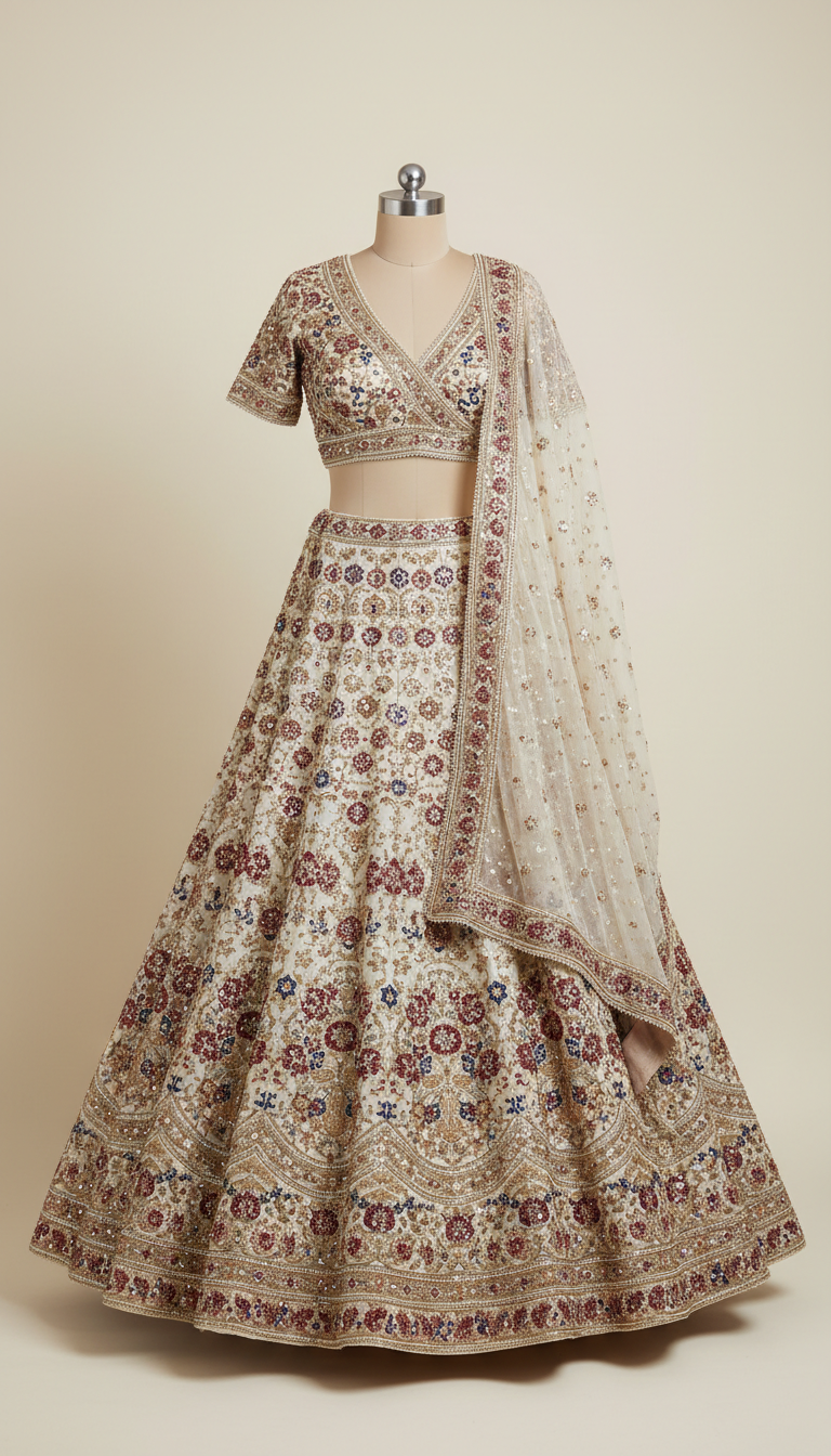 Ivory Silk Lehenga With Pearl And Sequin Embellishments
