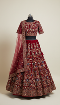 Crimson Velvet Bridal Lehenga With Hand-Beaded Florals
