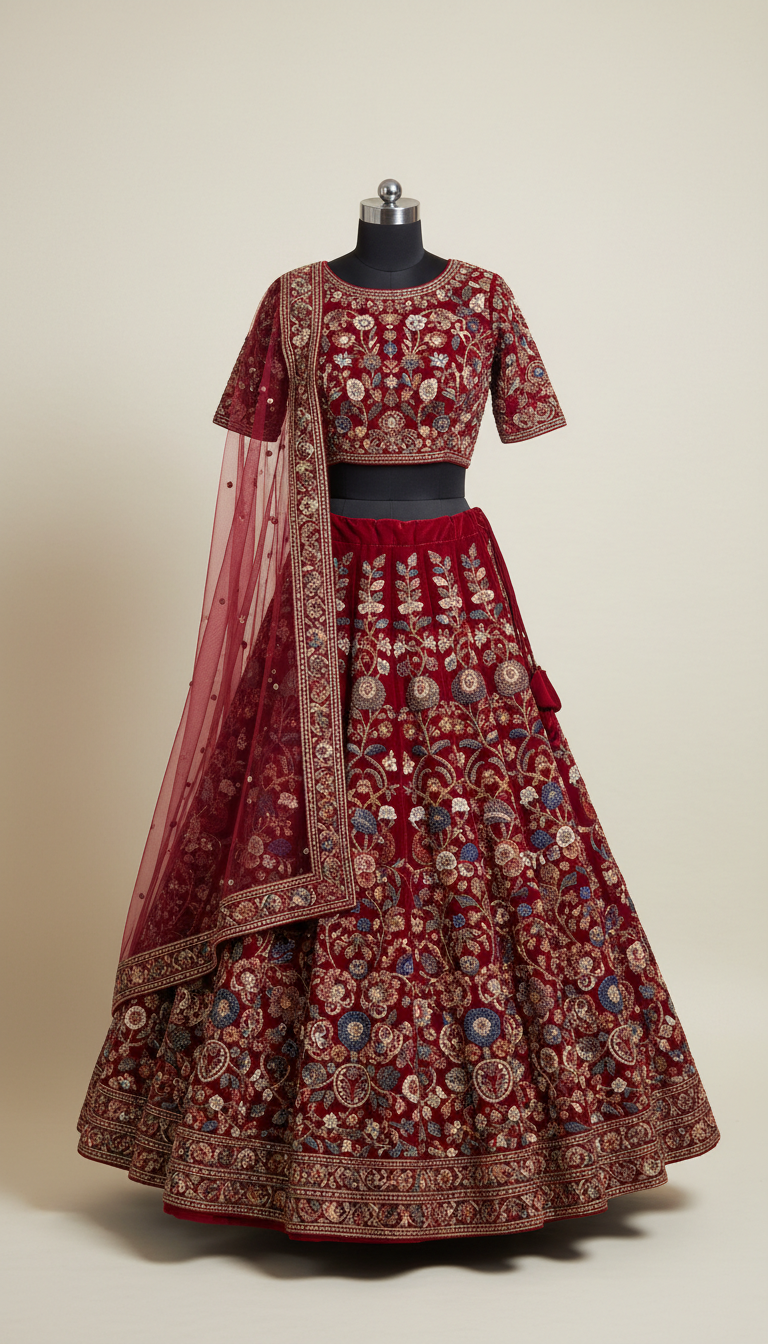Crimson Velvet Bridal Lehenga With Hand-Beaded Florals