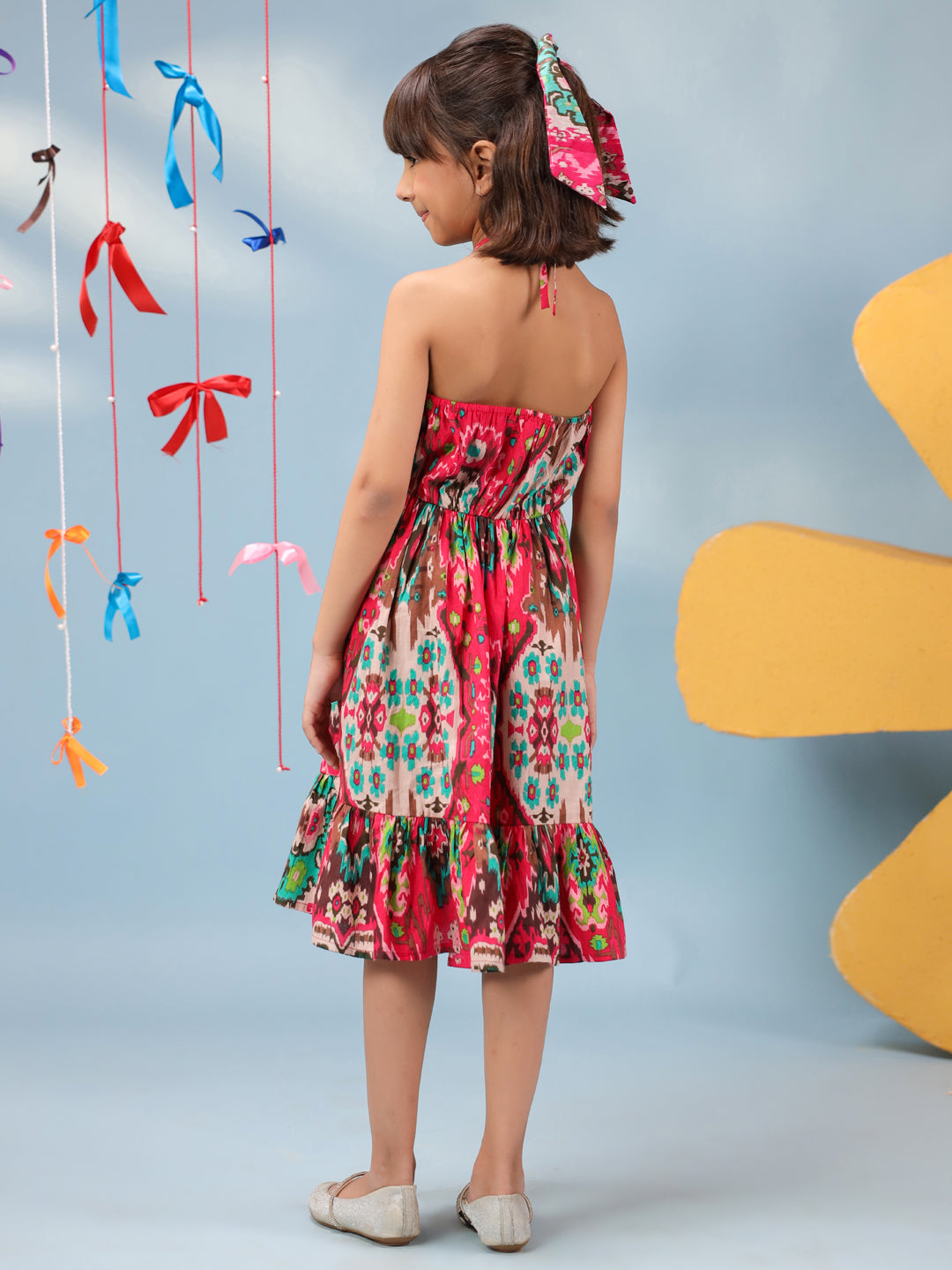 Girls Ethnic Motif Printed V-Neck Fit & Flared Dresses